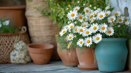 Close-up of wild daisies surrounded by clay pots and woven baskets in tones of sky blue fern green and amber