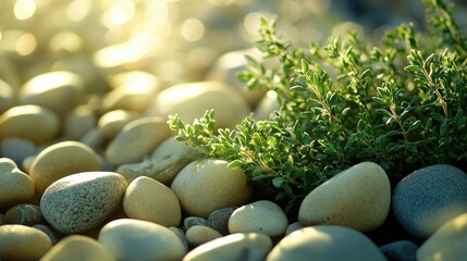 Close-up of thyme sprigs surrounded by sunlight and river stones in tones of soft green pale yellow and clear tones