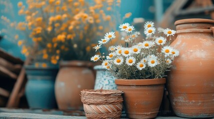Close-up of wild daisies surrounded by clay pots and woven baskets in tones of sky blue fern green and amber