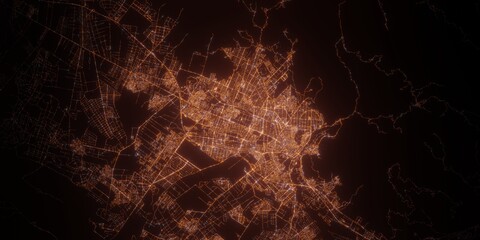 Karaj (Iran) night view with street lights. Aerial shot from space. top view heading north, 