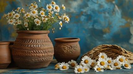 Close-up of wild daisies surrounded by clay pots and woven baskets in tones of sky blue fern green and amber