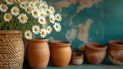 Close-up of wild daisies surrounded by clay pots and woven baskets in tones of sky blue fern green and amber