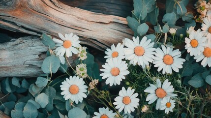 Close-up of wild daisies surrounded by driftwood and fresh herbs in tones of pastel peach dusty rose and eucalyptus green