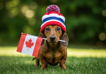 A cute dachshund holds a canadian flag while wearing a patriotic hat
