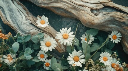 Close-up of wild daisies surrounded by driftwood and fresh herbs in tones of pastel peach dusty rose and eucalyptus green