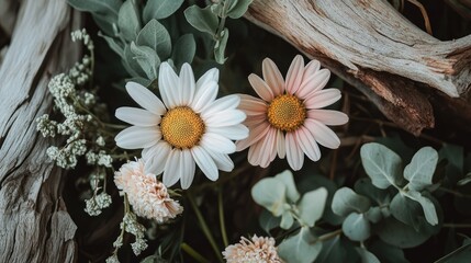 Close-up of wild daisies surrounded by driftwood and fresh herbs in tones of pastel peach dusty rose and eucalyptus green