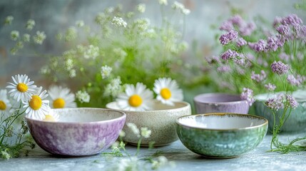 Close-up of wild daisies surrounded by misted glass and ceramic bowls in tones of lavender cream and moss green