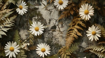 Close-up of wild daisies surrounded by shadowed fern and bark pieces in tones of olive green wheat and stone white