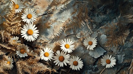 Close-up of wild daisies surrounded by shadowed fern and bark pieces in tones of olive green wheat and stone white