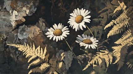 Close-up of wild daisies surrounded by shadowed fern and bark pieces in tones of olive green wheat and stone white