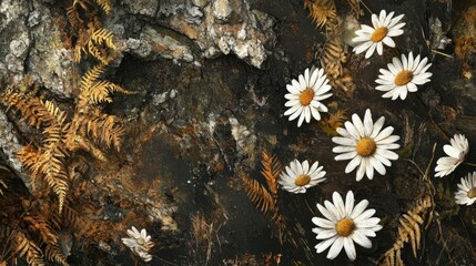 Close-up of wild daisies surrounded by shadowed fern and bark pieces in tones of olive green wheat and stone white