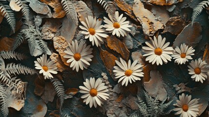 Close-up of wild daisies surrounded by shadowed fern and bark pieces in tones of earth brown sage and ivory