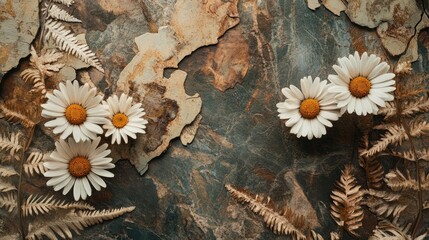 Close-up of wild daisies surrounded by shadowed fern and bark pieces in tones of earth brown sage and ivory