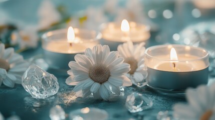 Close-up of wild daisies surrounded by smooth crystals and candlelight in tones of cool grey mint and linen white