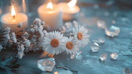 Close-up of wild daisies surrounded by smooth crystals and candlelight in tones of cool grey mint and linen white