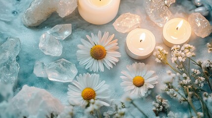 Close-up of wild daisies surrounded by smooth crystals and candlelight in tones of cool grey mint and linen white