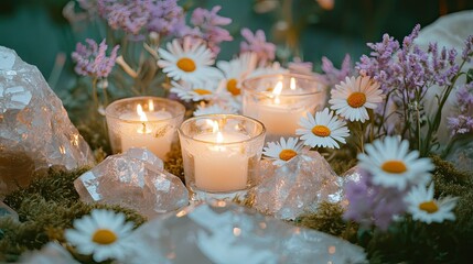 Close-up of wild daisies surrounded by smooth crystals and candlelight in tones of lavender cream and moss green