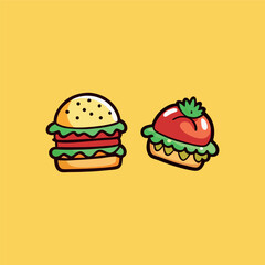 Fast-food stickers. Cartoon junk food snack labels, unhealthy meal with French fries pizza burger sandwich hot dog ice cream food, restaurant menu elements