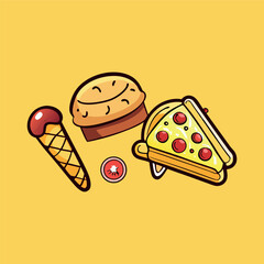 Fast-food stickers. Cartoon junk food snack labels, unhealthy meal with French fries pizza burger sandwich hot dog ice cream food, restaurant menu elements