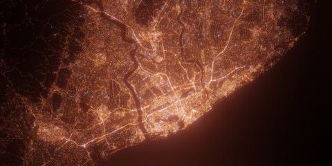 Niigata (Japan) night view with street lights. Aerial shot from space. top view heading south, . 3d render, Illustration