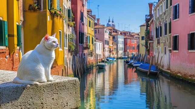A white cat sits on a stone ledge overlooking a vibrant canal in Venice, Italy, with colorful buildings and moored boats