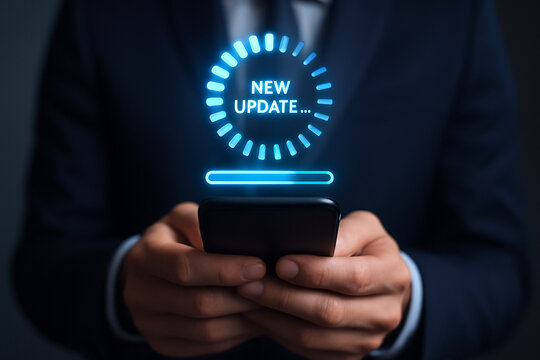 Man holding a phone with a new update graphic overlayed on the screen in a dark blue color scheme