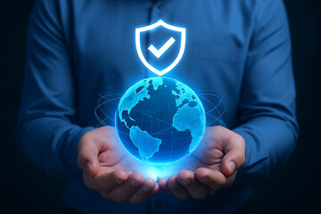 Person holding a glowing globe with a shield above it representing global security and protection