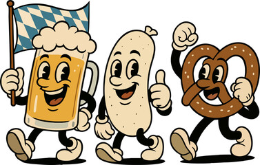 Cartoon Beer Sausage and Pretzel Characters Celebrating Oktoberfest with Bavarian Flag