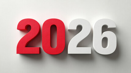 New Year 2026 on white background 3d rendering. 3d illustration red and white colored number celebration festival minimal creative design concept. beautiful concept design for the new year festival.


