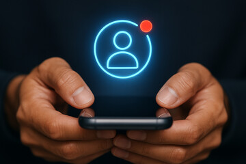 Hands holding a smartphone with a glowing profile icon and a red notification dot above it shown on screen