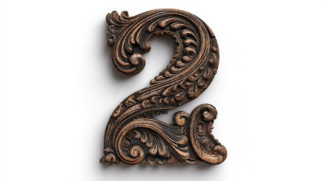 a decorative letter "2" carved out of wood on a flat white background. 3d illustration.