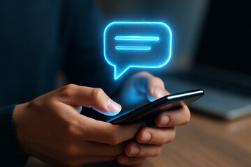 Person using smartphone with neon blue speech bubble overlay for messaging and communication app concept