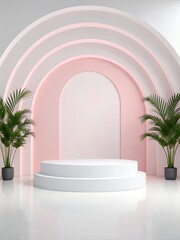 Podium Product Display Minimalist Stage Design with Palm Trees and Pastel Arches Modern Interior. Studio Quality Lighting