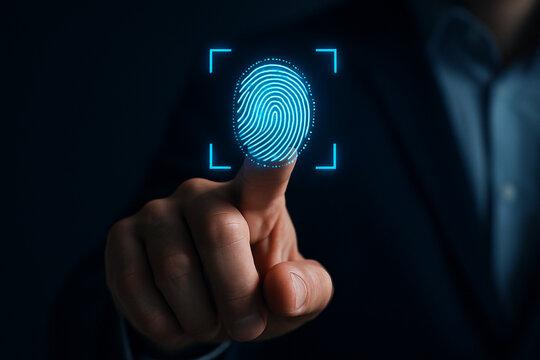 Fingerprint scan with digital interface showing a person accessing secure system with biometric data
