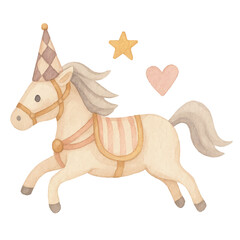 Fototapeta premium Vector minimalist watercolor illustration of a circus pony unicorn, designed in soft pastel tones. For cards, posters, baby shower invitations, kids product designs. 