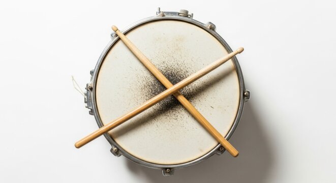 Overhead shot of a well-worn snare drum with visible drumstick marks on its surface, featuring crossed drumsticks, set against a pristine white background.