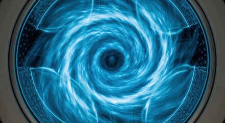 A hypnotic abstract image inside a washing machine, showing a powerful vortex of glowing blue water, symbolizing intense cleaning action, energy, or a technological process.