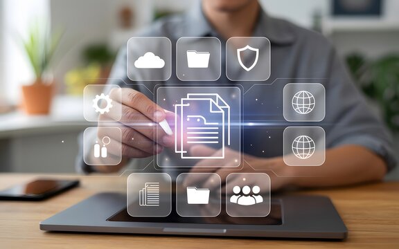 A person interacts with digital documents and secure cloud data through innovative transparent interface on a modern laptop. - Powered by Adobe