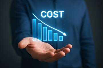 Representation of cost reduction shown above a hand with a downward trending bar graph and arrow