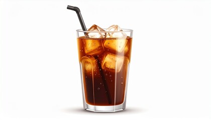 A refreshing glass of cola with ice cubes and a black straw.