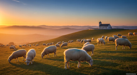 Fototapeta premium A flock of sheep grazing peacefully on a grassy hill with a building under a radiant sky.