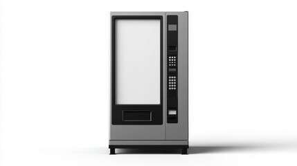 A modern light gray vending machine stands.  blank white screen. isolated on white background. 3d illustration. mockup Vending machine.