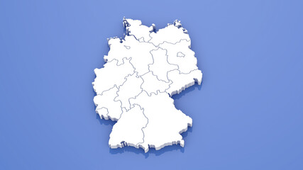 3D Render of Germany Map with State Borders on Blue Background.