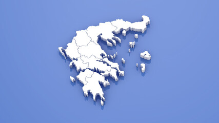 3D Render of Greece  Map with State Borders on Blue Background.