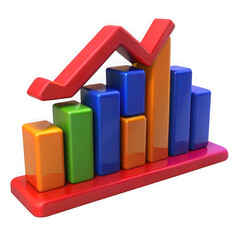 Colorful 3d bar chart with upward trend arrow isolated on transparent background