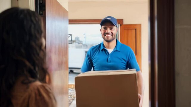 Courier holding box at front door as woman receives delivery. Concept of logistics, parcel delivery, customer service