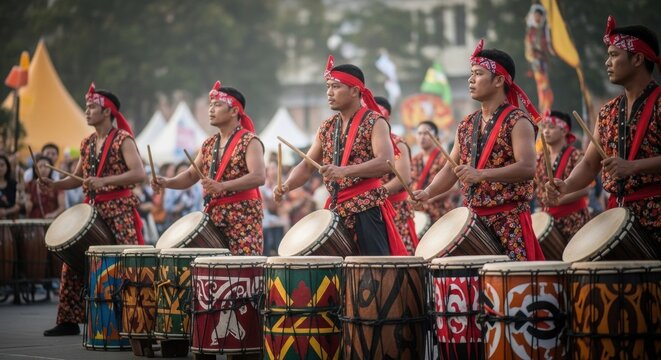 A large ensemble of male drummers in traditional Asian attire performing outdoors with decorated drums, showcasing a vibrant cultural celebration and synchronized rhythm.