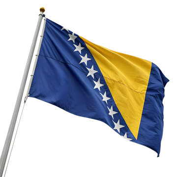 The flag of bosnia and herzegovina, isolated on transparent background, shows a blue field with a yellow triangle containing white stars