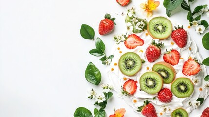 Pavlova dessert topped with strawberries, kiwi, and passionfruit, presented on white background.