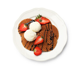 Tasty Dutch waffles (stroopwafels) with ice cream, strawberries and chocolate sauce isolated on white, top view